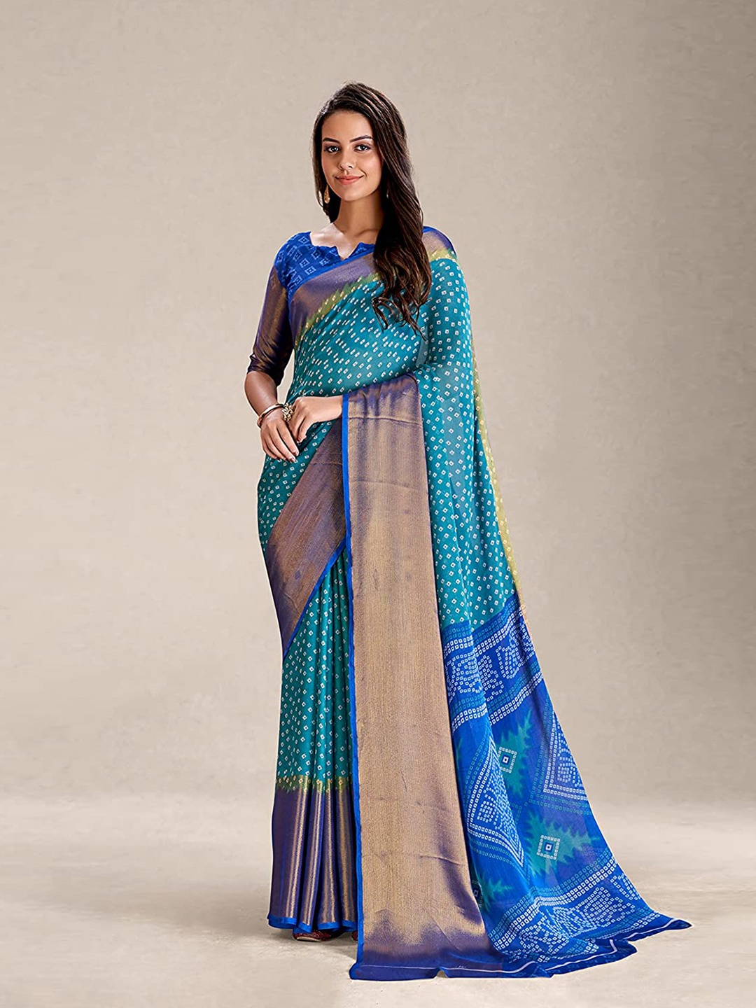 

Grubstaker Bandhani Printed Zari Bandhani Saree, Blue