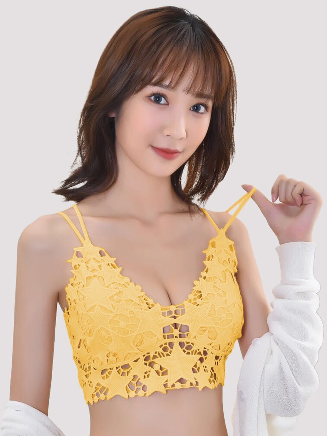 

FIMBUL Geometric Lace Half Coverage Lightly Padded Modal Bralette Bra- All Day Comfort, Yellow