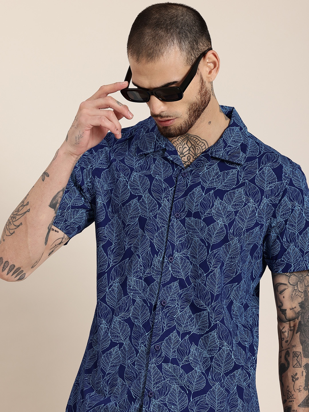 

HERE&NOW Pure Cotton Slim Fit Tropical Printed Casual Shirt, Navy blue