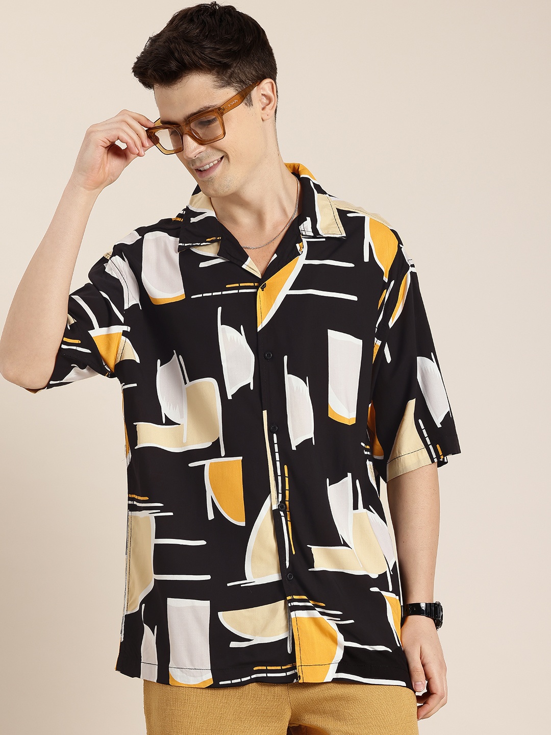 

HERE&NOW Printed Relaxed Fit Casual Shirt, Black
