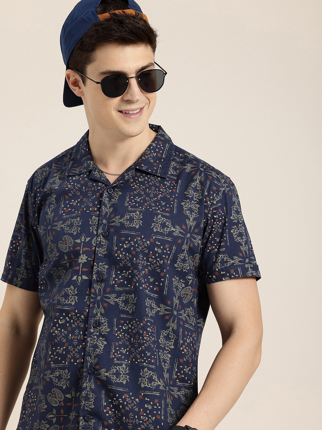 

HERE&NOW Pure Cotton Slim Fit Opaque Printed Casual Shirt, Navy blue