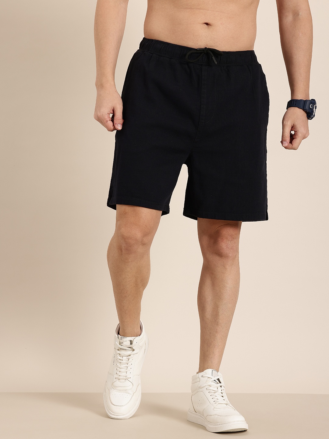 

HERE&NOW Men Pure Cotton Relaxed Fit Textured Shorts, Navy blue