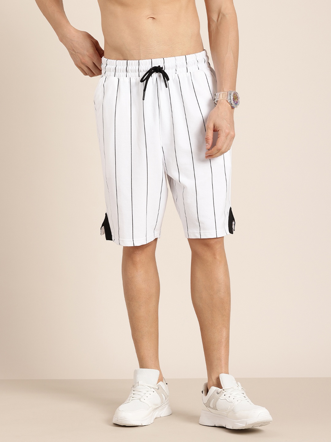 

HERE&NOW Men Striped Regular Shorts, White