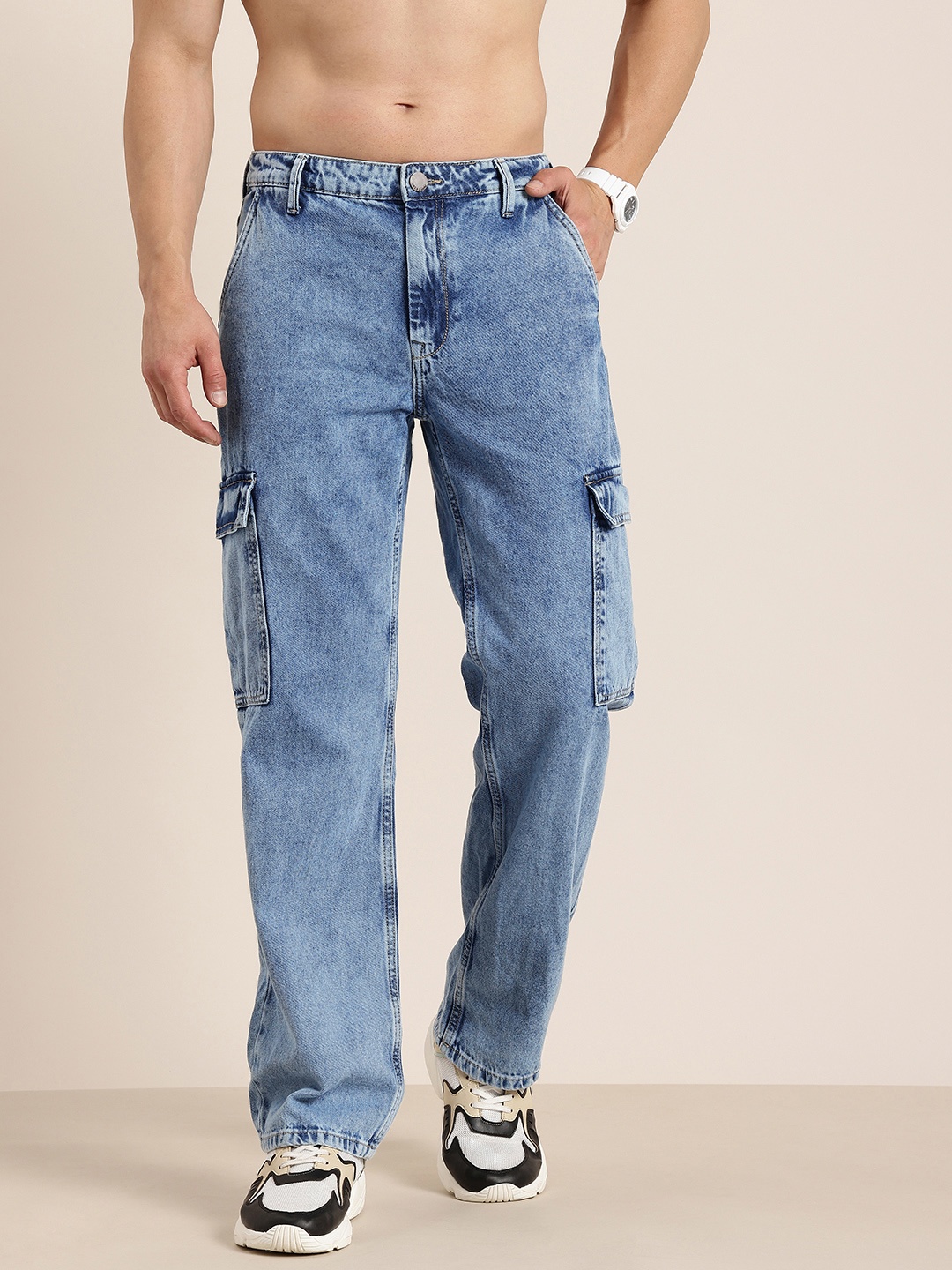 

HERE&NOW Men Pure Cotton Relaxed Fit Heavy Fade Cargo Jeans, Blue