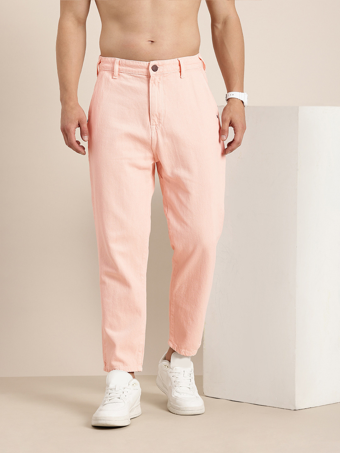 

HERE&NOW Men Pure Cotton Slouchy Fit Jeans, Pink
