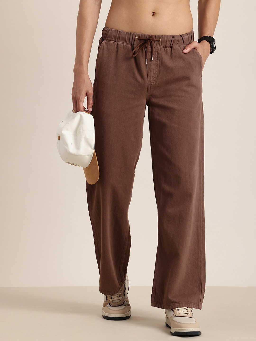 

HERE&NOW Men Pure Cotton Baggy Fit Jeans, Brown