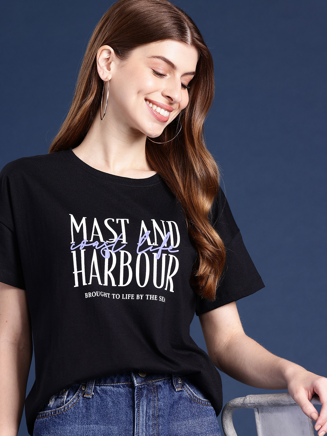 

Mast & Harbour Typography Printed Drop-Shoulder Sleeves Pure Cotton T-shirt, Black