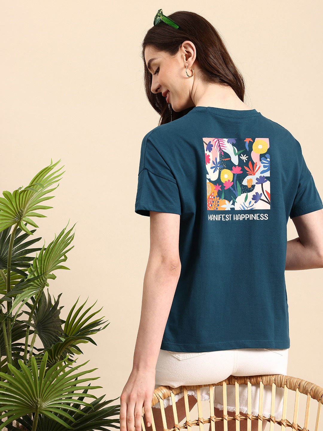 

Mast & Harbour Floral Printed Pure Cotton T-shirt, Teal