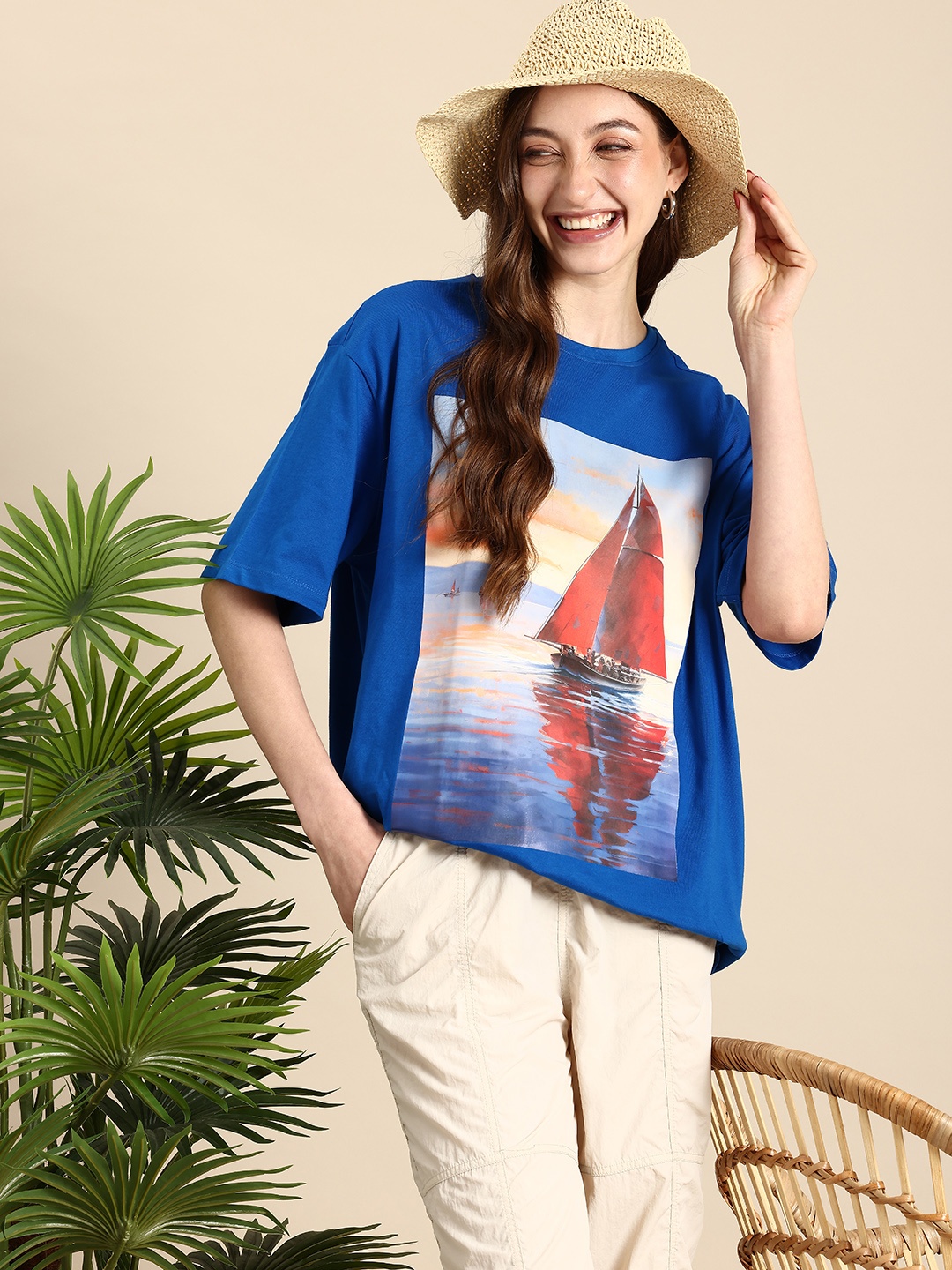 

Mast & Harbour Pure Cotton Graphic Printed Drop-Shoulder Sleeves T-shirt, Blue