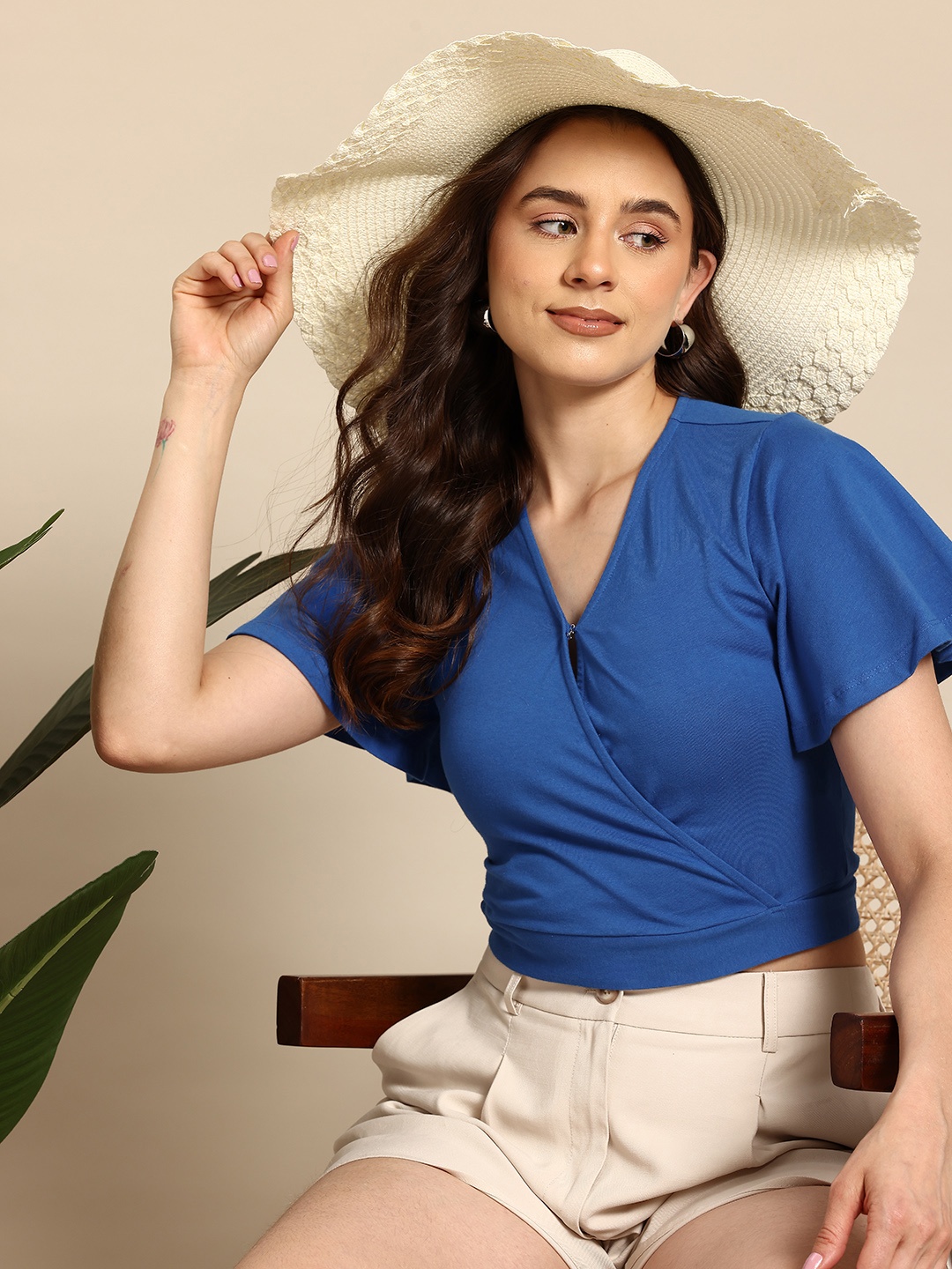 

Mast & Harbour Flutter Sleeves Tie-Up Wrap Crop Top, Blue