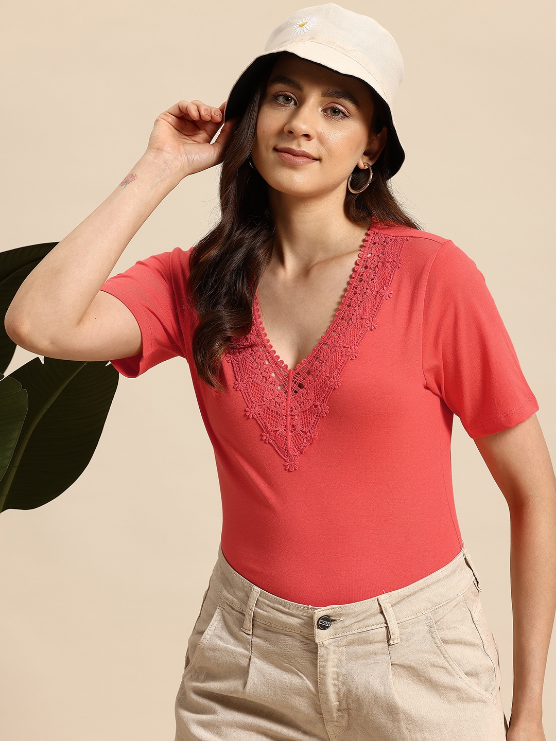 

Mast & Harbour Lace Detailed Pure Cotton Top, Coral