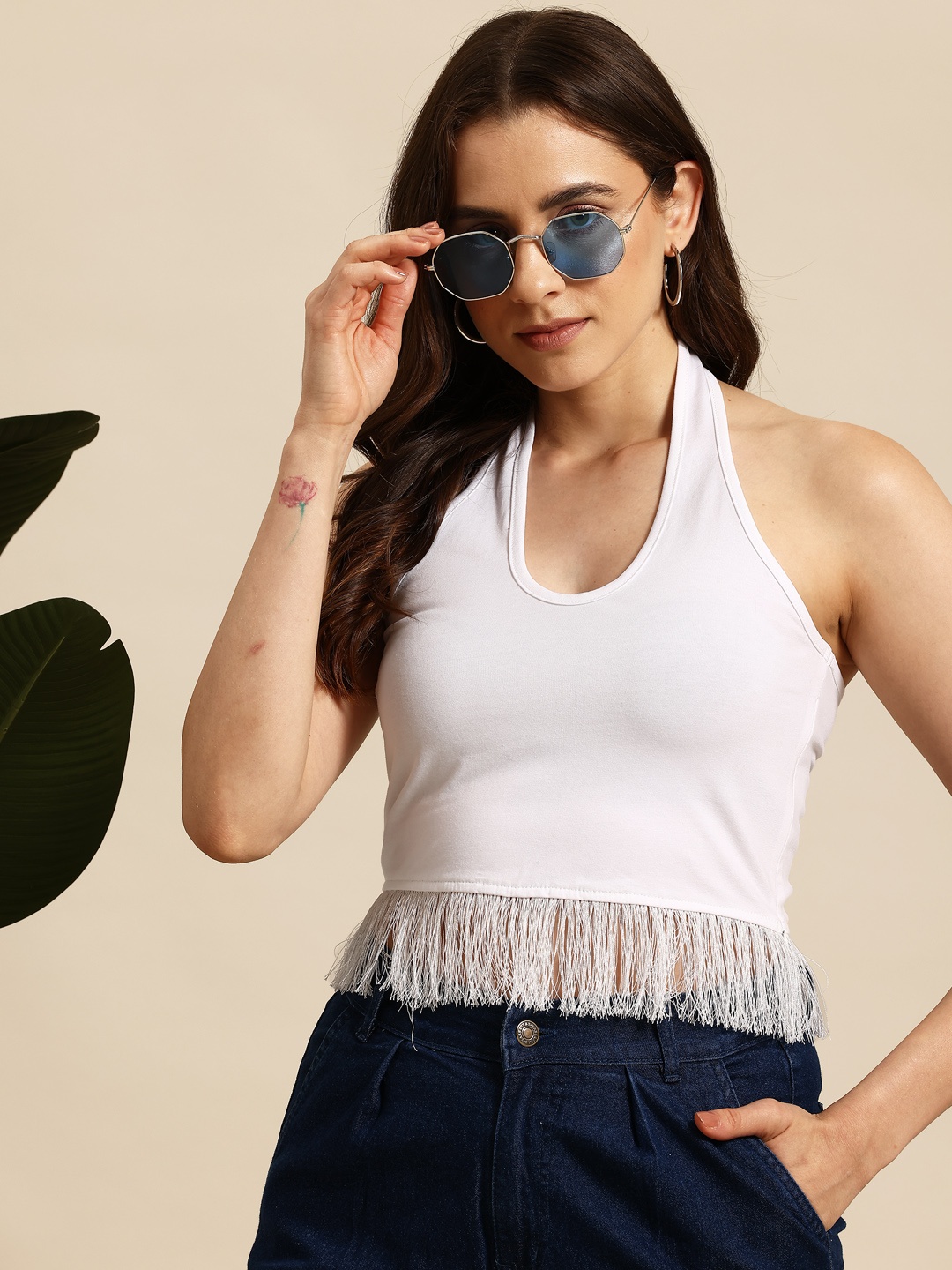 

Mast & Harbour Halter Neck Fringed Top, White
