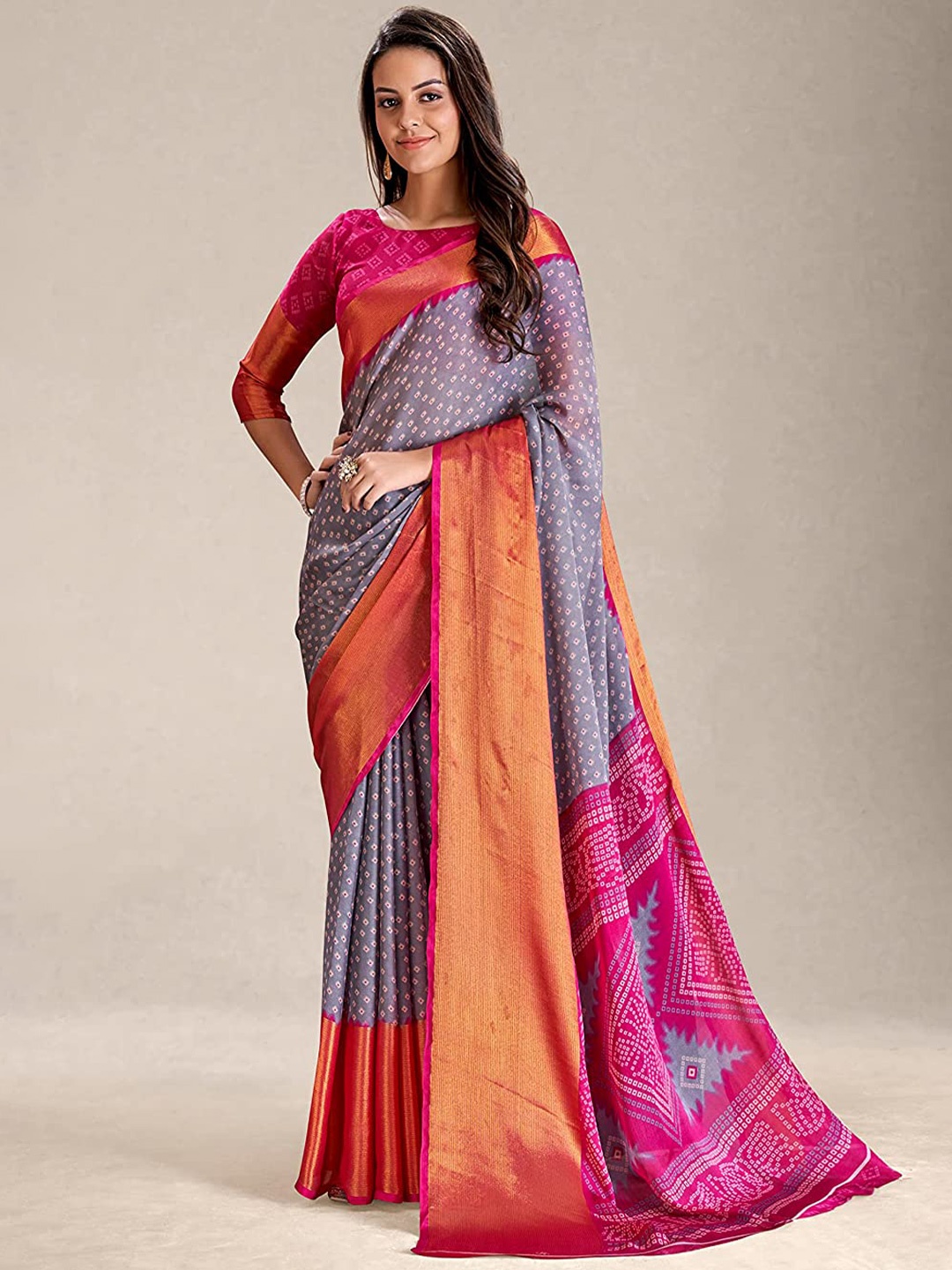 

Marabout Bandhani Zari Silk Cotton Paithani Saree, Grey