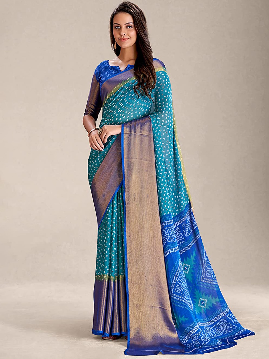 

Marabout Bandhani Zari Silk Cotton Paithani Saree, Blue