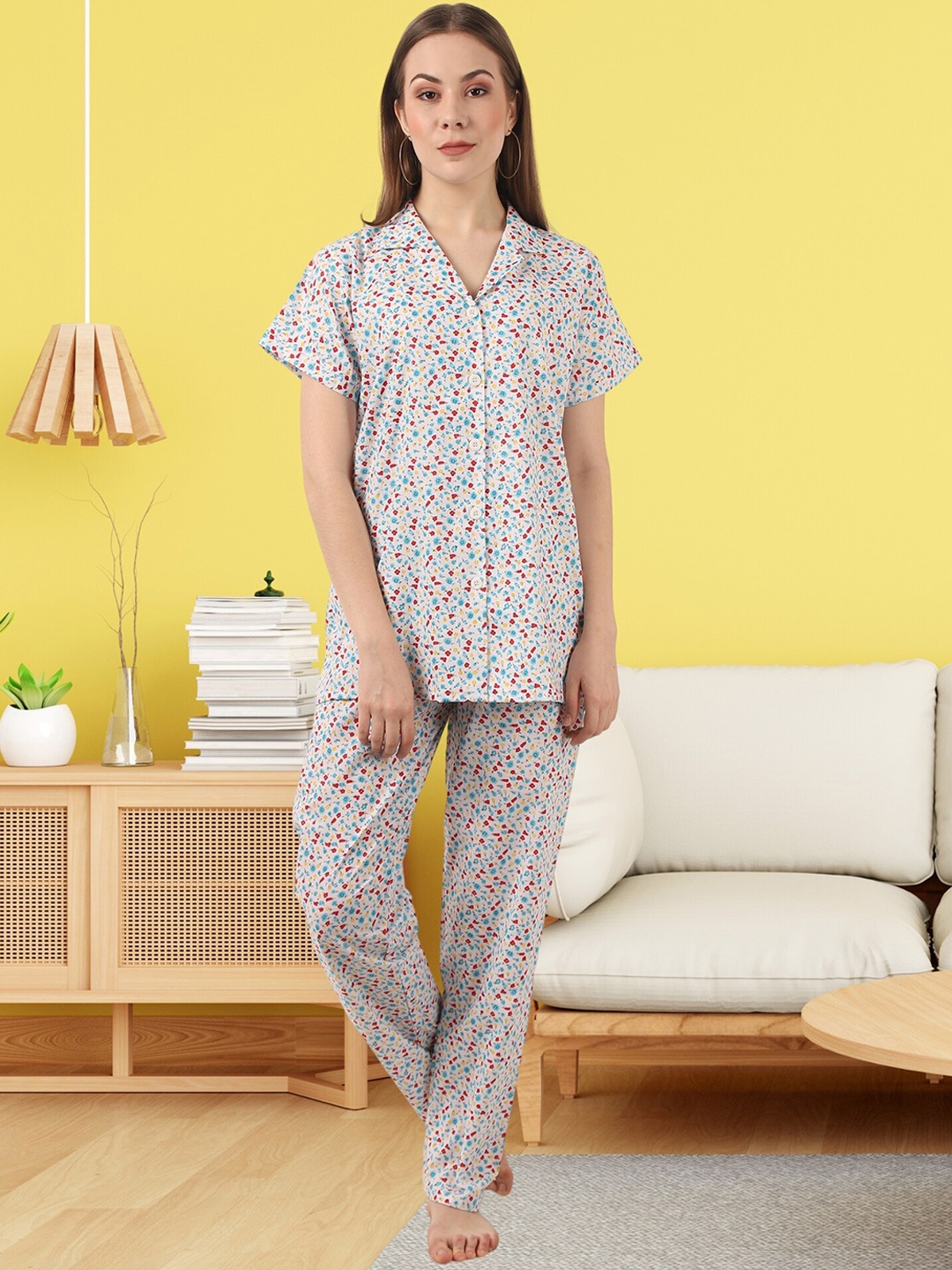 

Noty Floral Printed Pure Cotton Night Suit, White