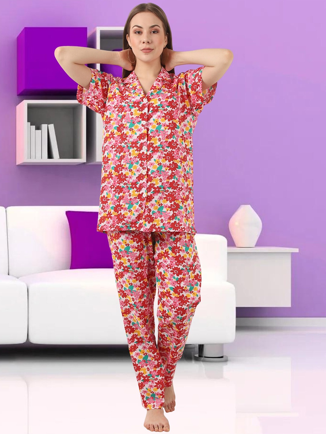 

Noty Floral Printed Pure Cotton Night suit, Red