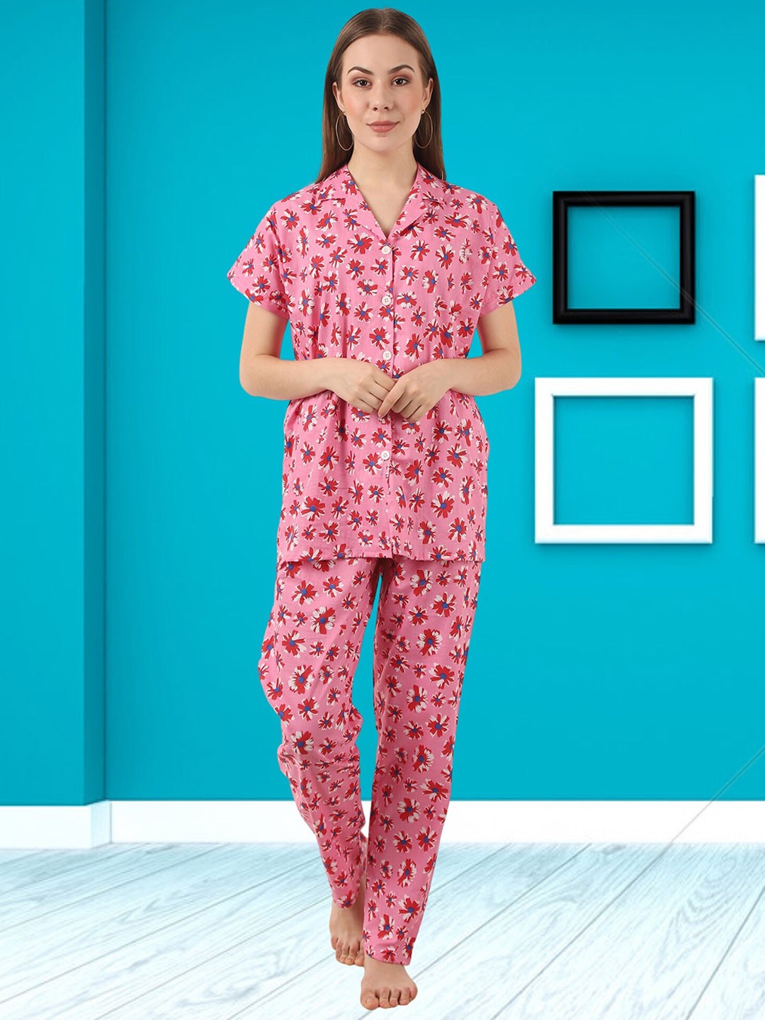 

Noty Floral Printed Pure Cotton Night suit, Pink