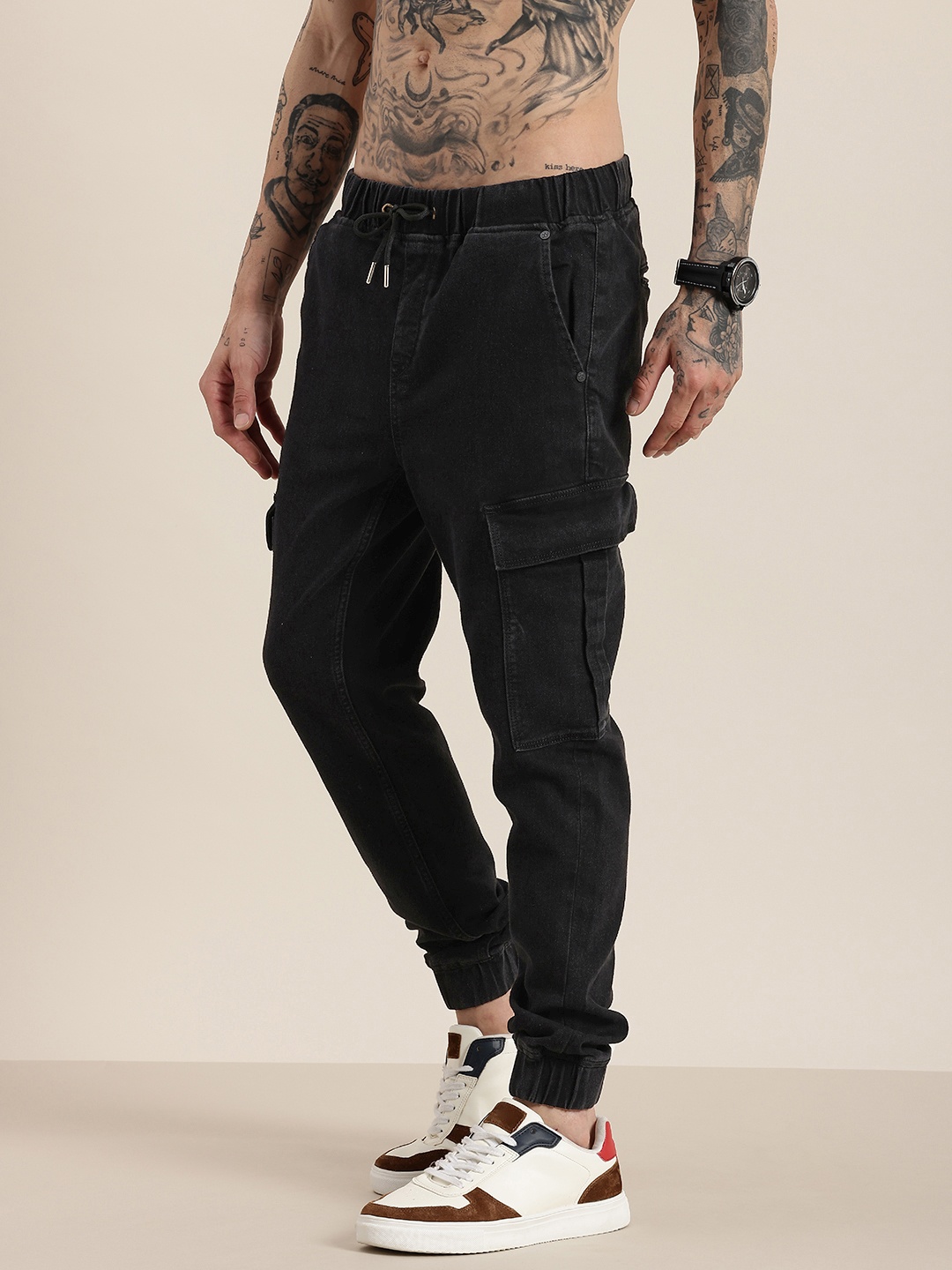 

HERE&NOW Men Jogger Stretchable Cargo Jeans, Black