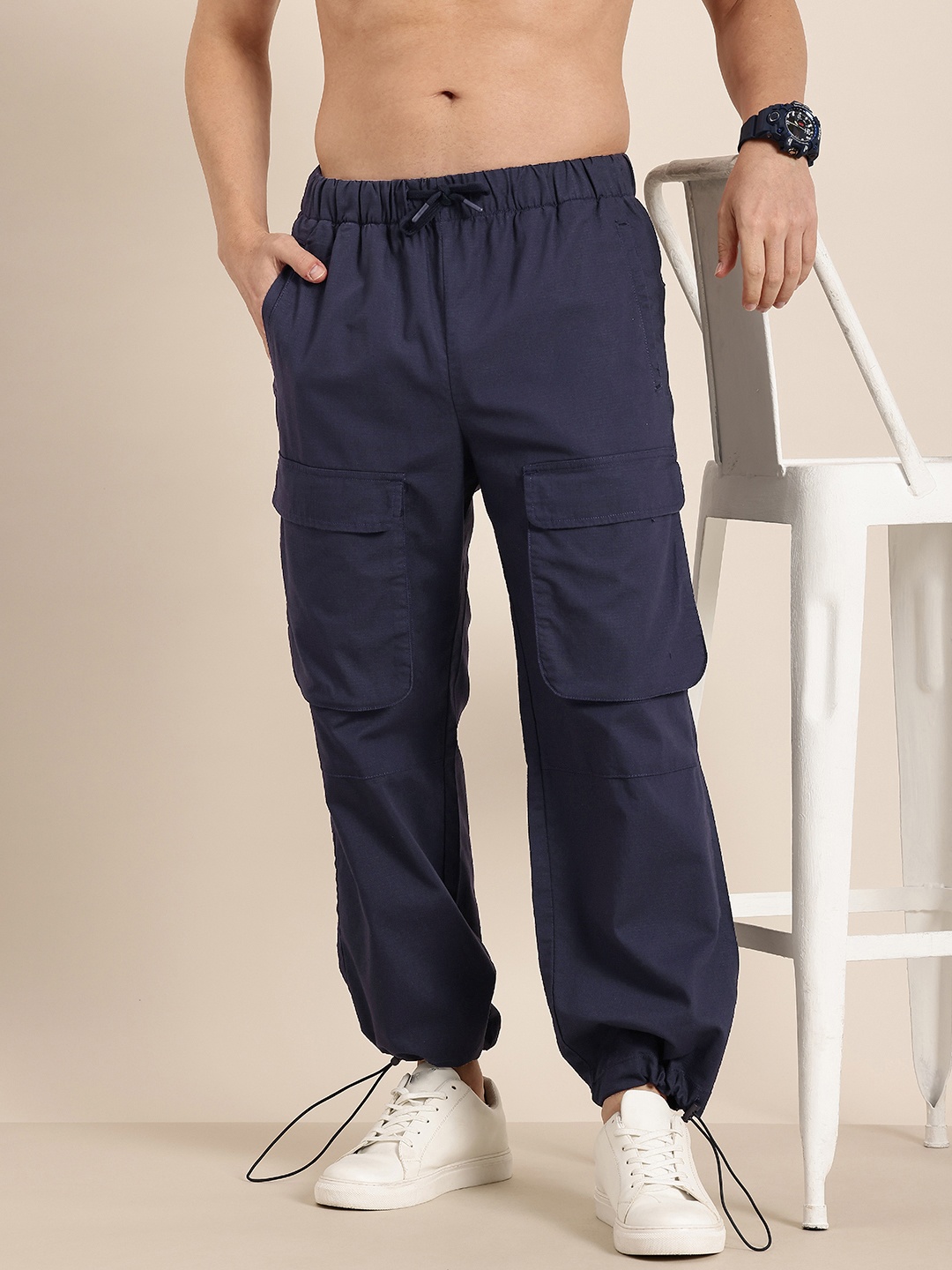 

HERE&NOW Men Relaxed Fit Cargos Trousers, Navy blue