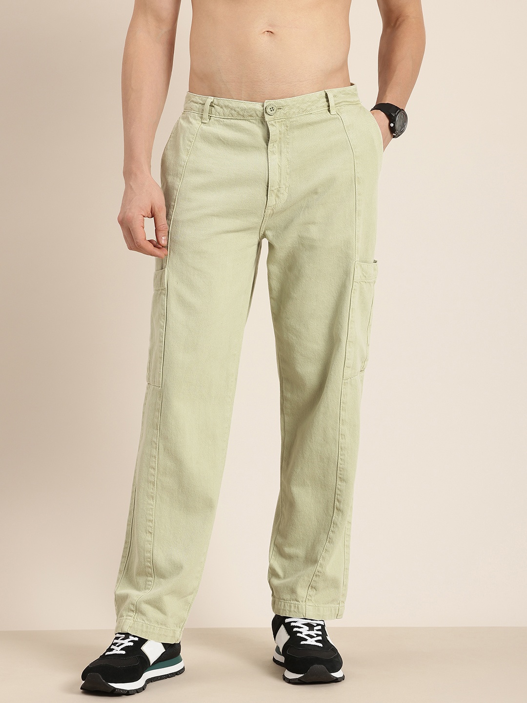 

HERE&NOW Men Pure Cotton Straight Fit Cargos Trousers, Green