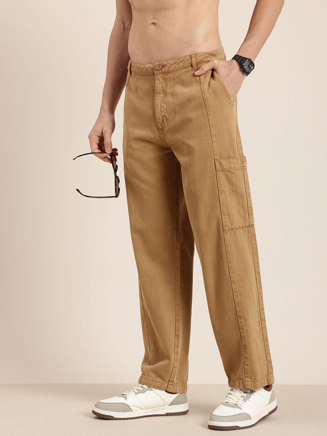 

HERE&NOW Men Straight Fit Pure Cotton Cargos, Brown
