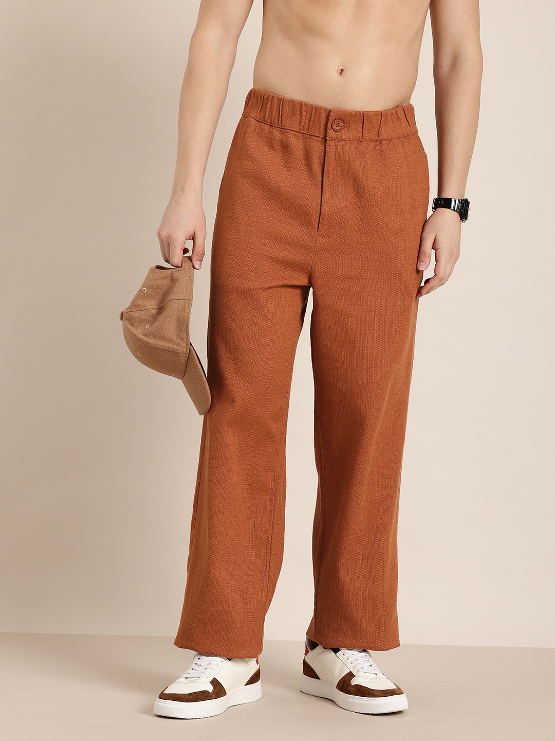 

HERE&NOW Men Straight Fit Pure Cotton Trousers, Rust