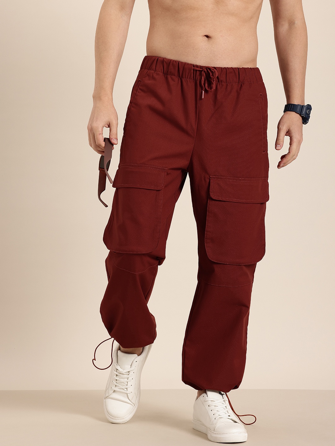 

HERE&NOW Men Relaxed Fit Cargos Trousers, Brown
