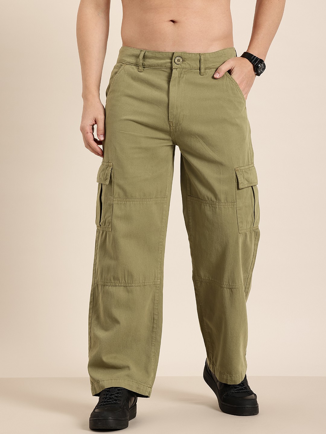 

HERE&NOW Men Straight Fit Pure Cotton Cargo Trousers, Olive