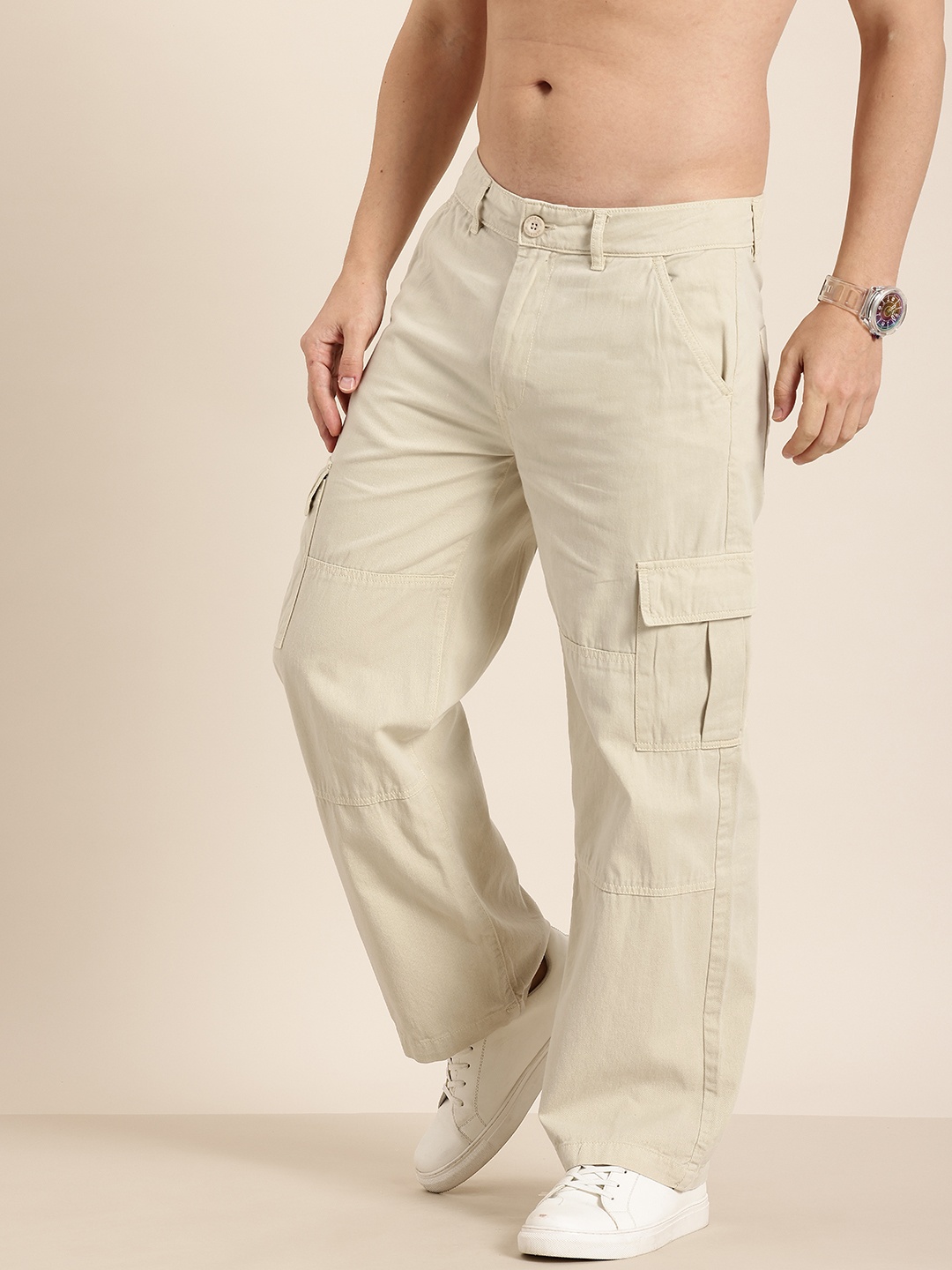 

HERE&NOW Men Straight Fit Pure Cotton Cargo Trousers, Beige