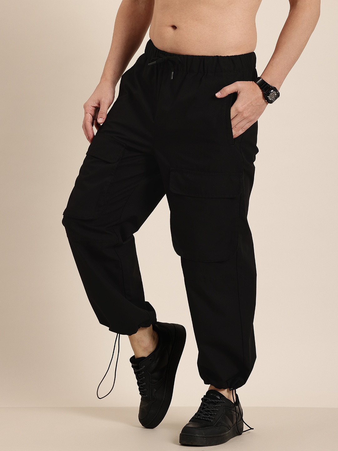 

HERE&NOW Men Straight Fit Pure Cotton Cargo Trousers, Black