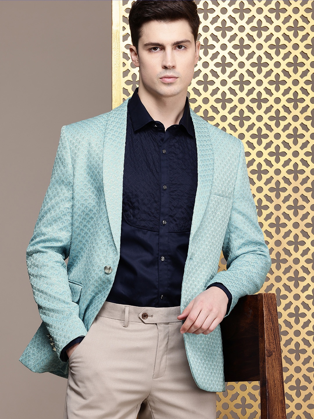 

House of Pataudi Shawl Collar Single-Breasted Embellished Blazer, Turquoise blue