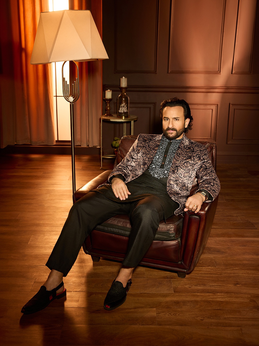

House of Pataudi Paisley Printed Single-Breasted Velvet Blazer, Beige