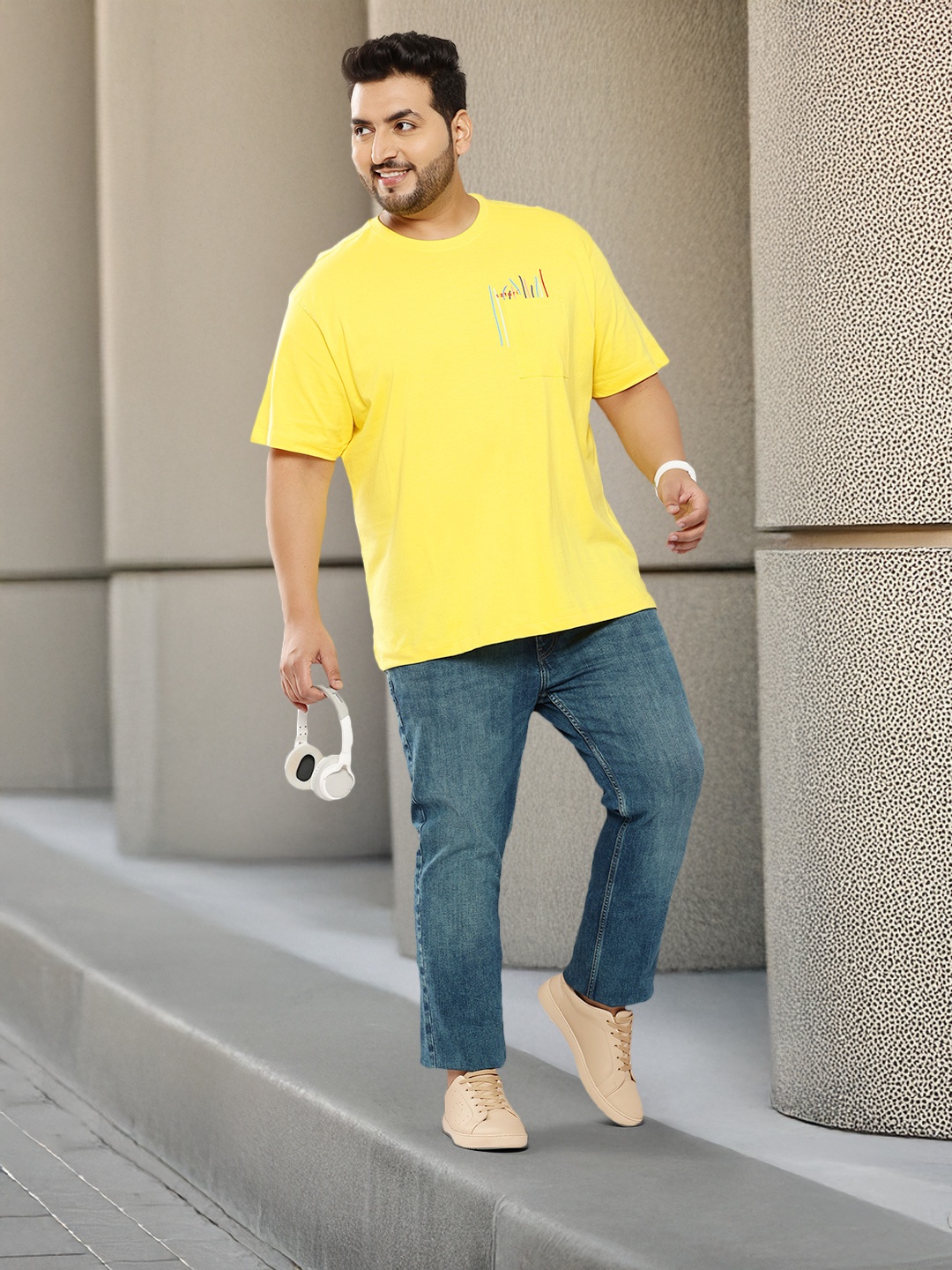 Sztori Plus Size Printed Pure Cotton T-shirt, Yellow