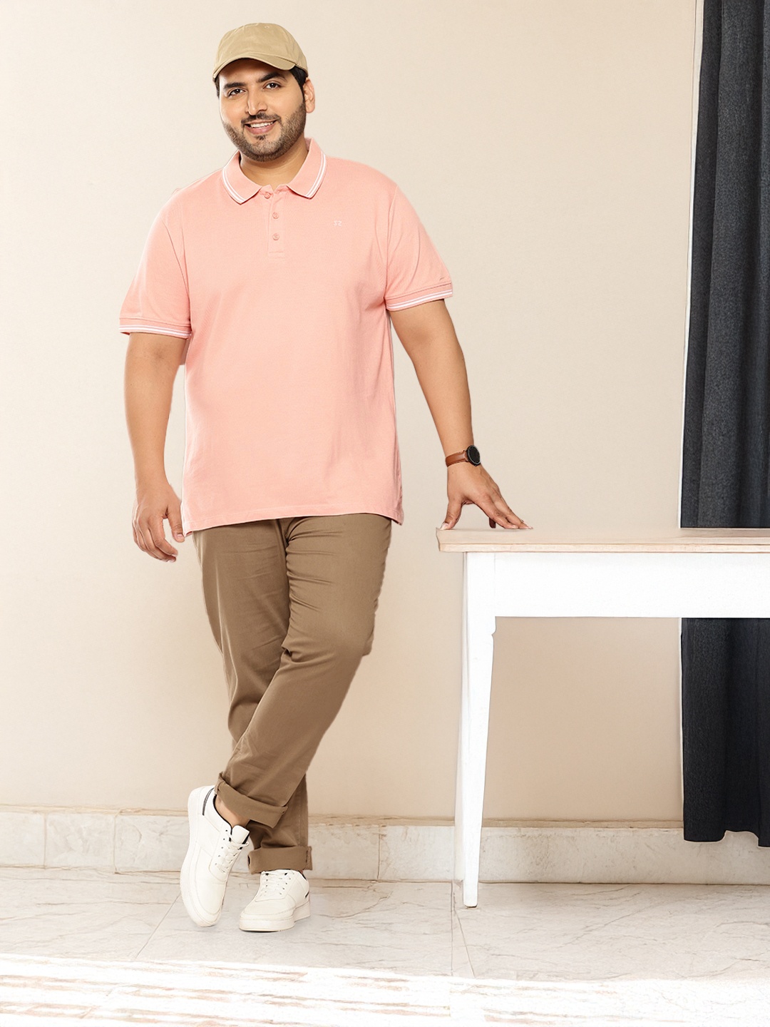 Sztori Plus Size Polo Collar Pure Cotton T-shirt, Pink