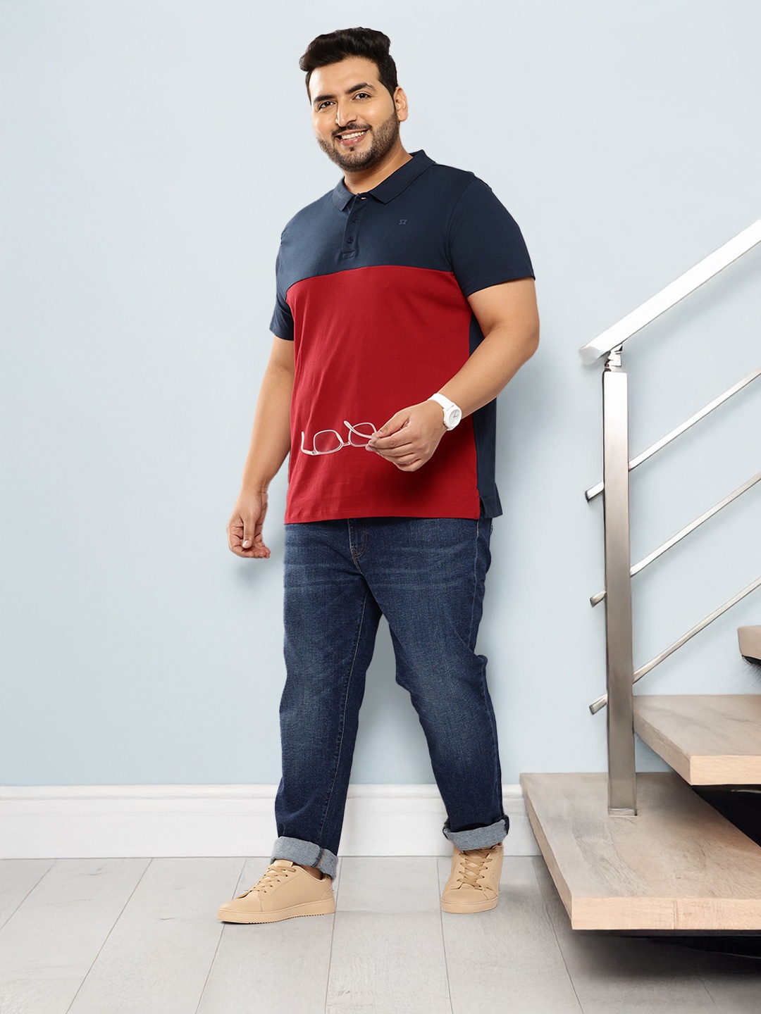 

Sztori Plus Size Colourblocked Polo Collar Pure Cotton T-shirt, Navy blue