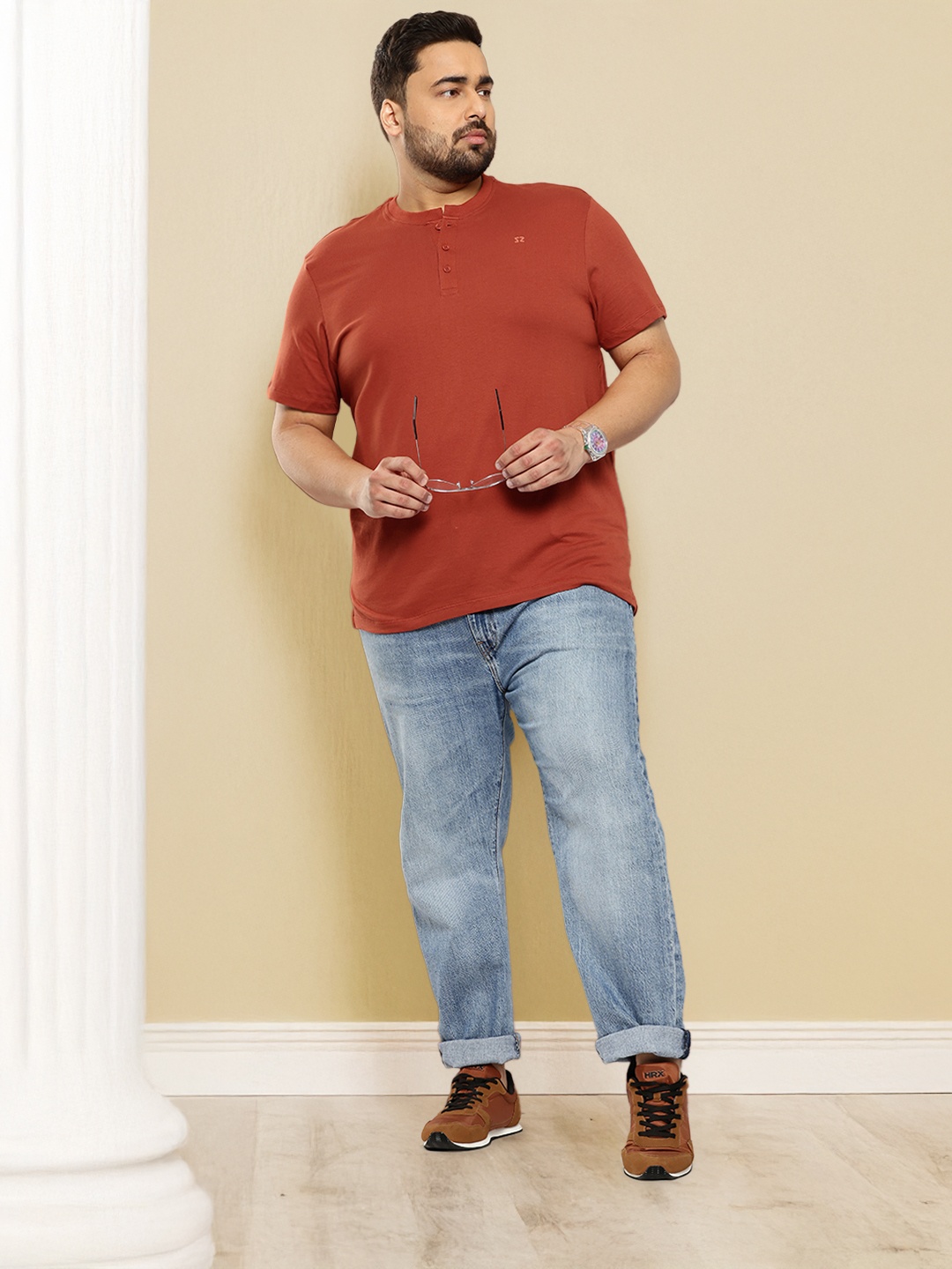 

Sztori Plus Size Henley Neck Pure Cotton T-shirt, Rust
