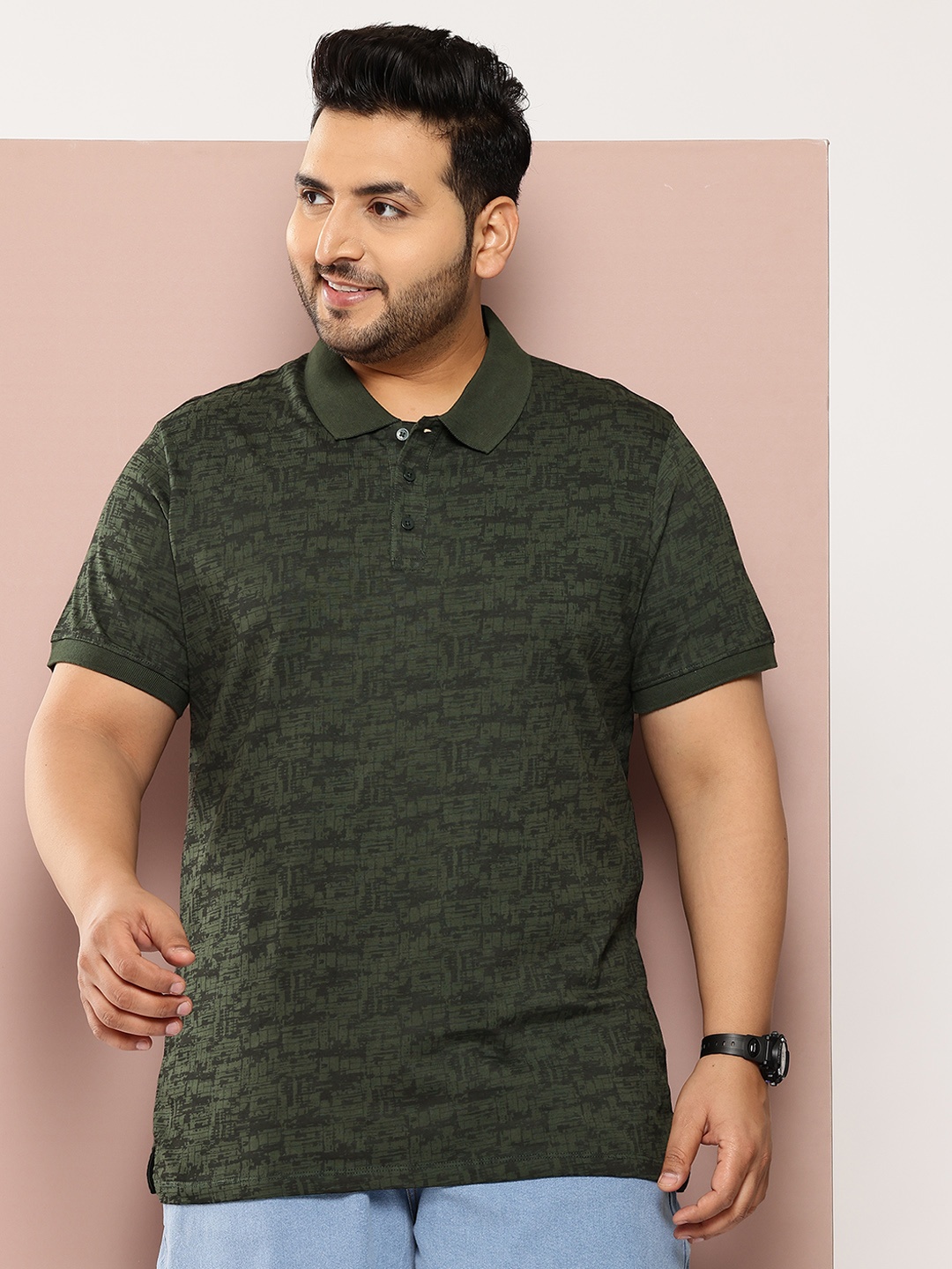 

Sztori Plus Size Printed Polo Collar Pure Cotton T-shirt, Olive