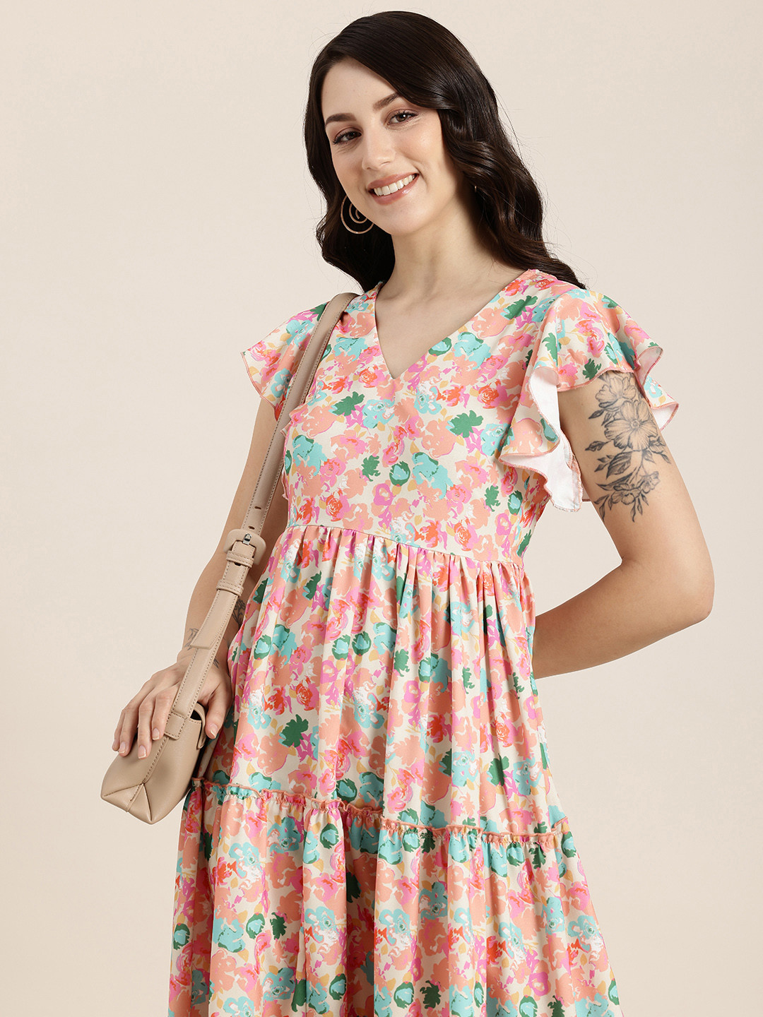 

HERE&NOW Floral Print Flutter Sleeve A-Line Tiered Midi Dress, Multi