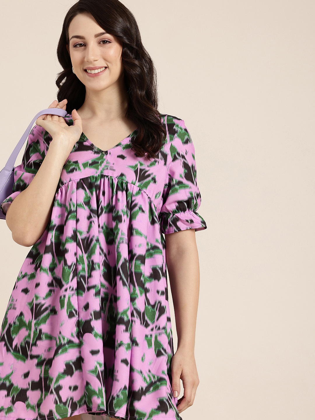 

HERE&NOW Floral Printed Bell Sleeve A-Line Mini Dress, Pink