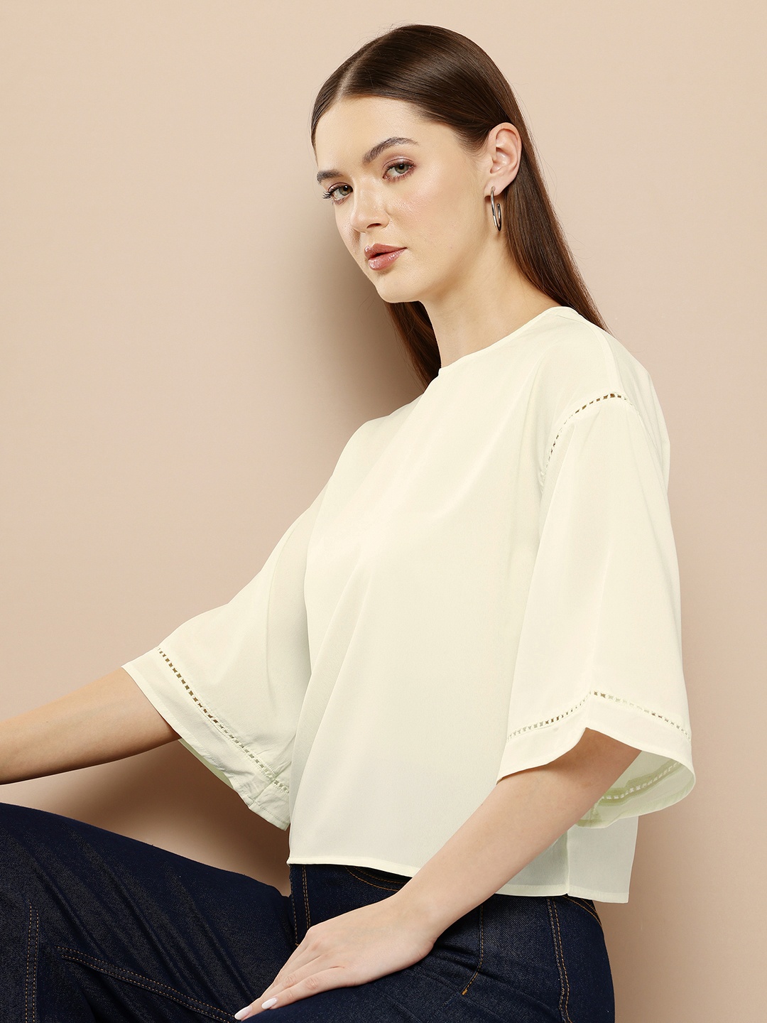 

Chemistry Lace Insert Detail Flared Sleeve Top, Cream