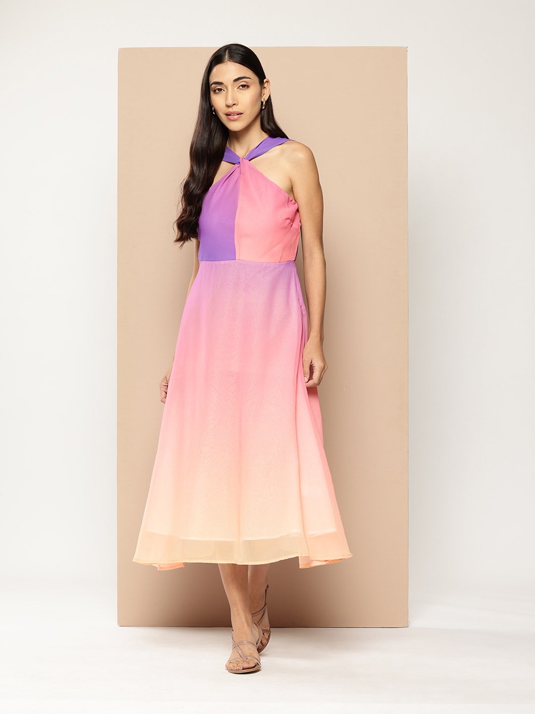 

Chemistry Ombre Print Halter Neck Fit & Flare Midi Dress, Pink