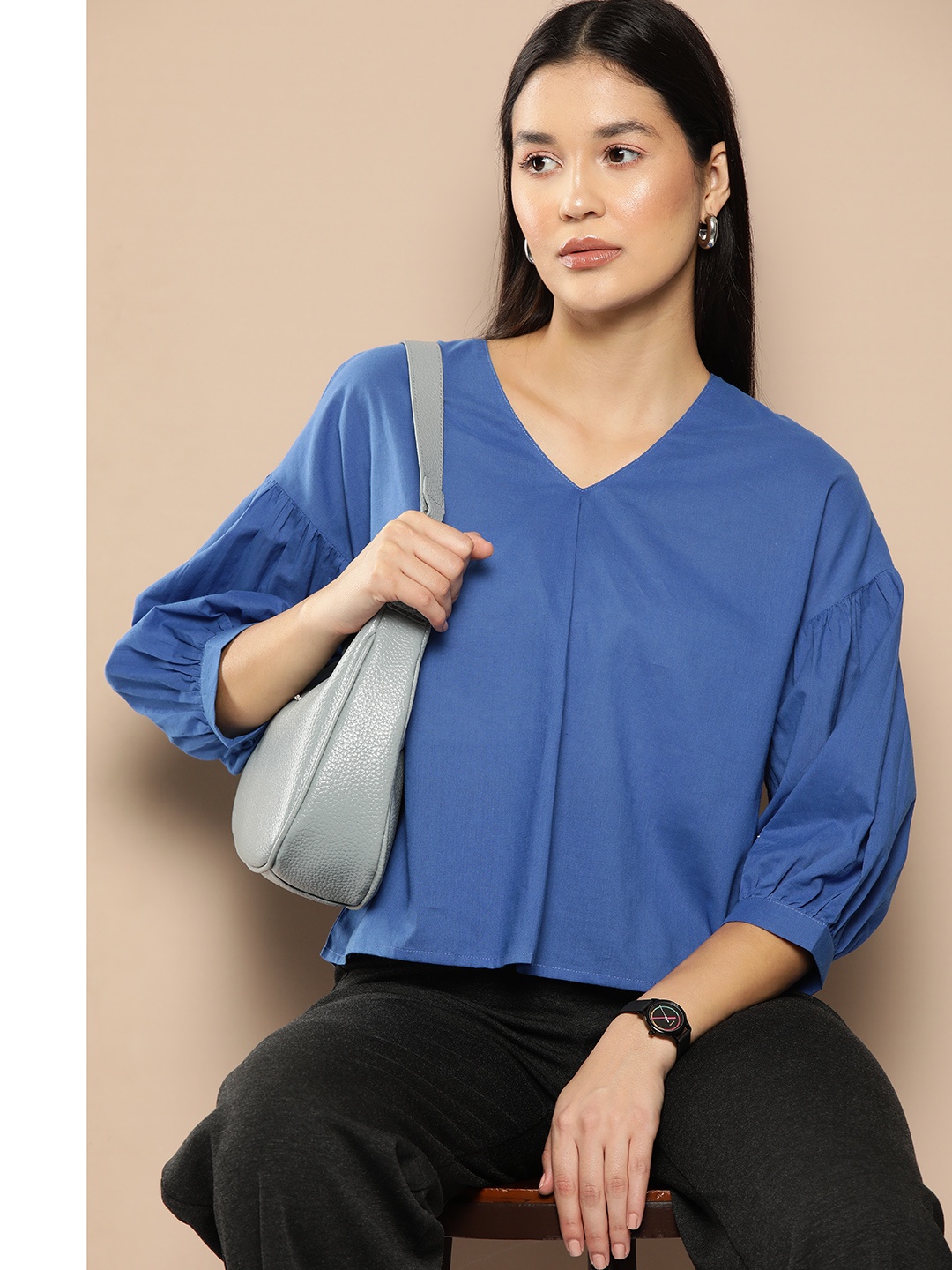 

Chemistry Puff Sleeves Pure Cotton Top, Blue