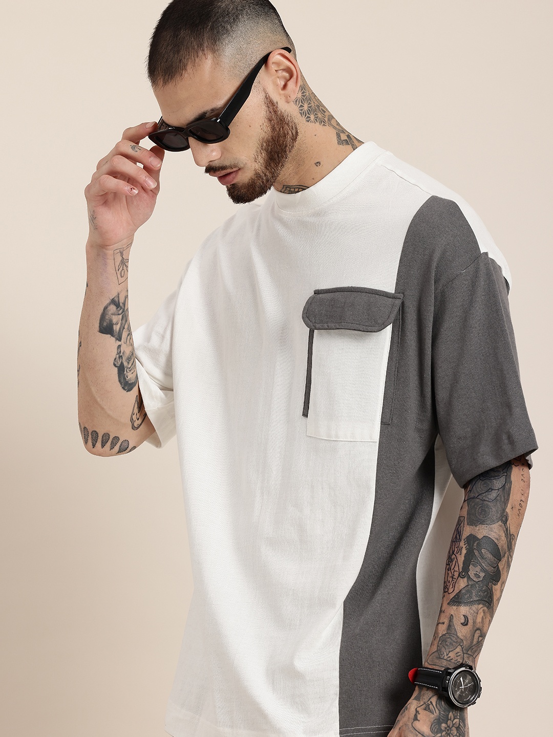 

HERE&NOW Solid Drop-Shoulder Sleeves Pocket T-shirt, White