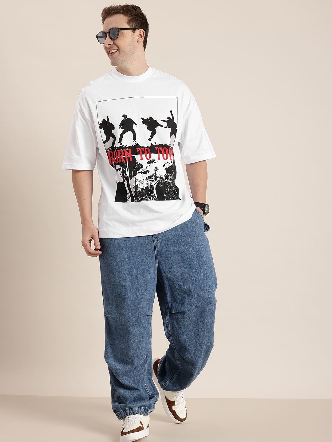 

HERE&NOW Drop-Shoulder Sleeves Printed Pure Cotton T-shirt, White