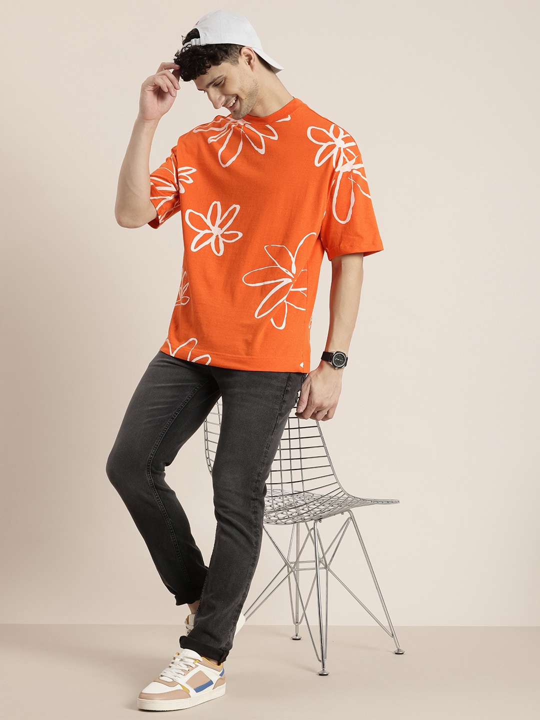 

HERE&NOW Printed Drop-Shoulder Sleeves Relaxed Fit T-shirt, Orange