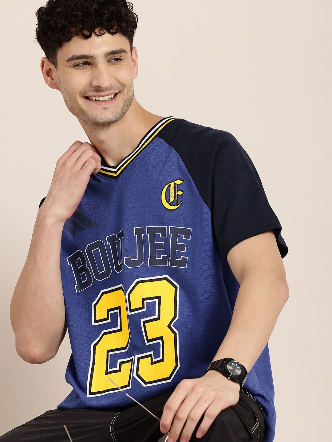 

HERE&NOW Varsity Printed V-Neck T-shirt, Blue