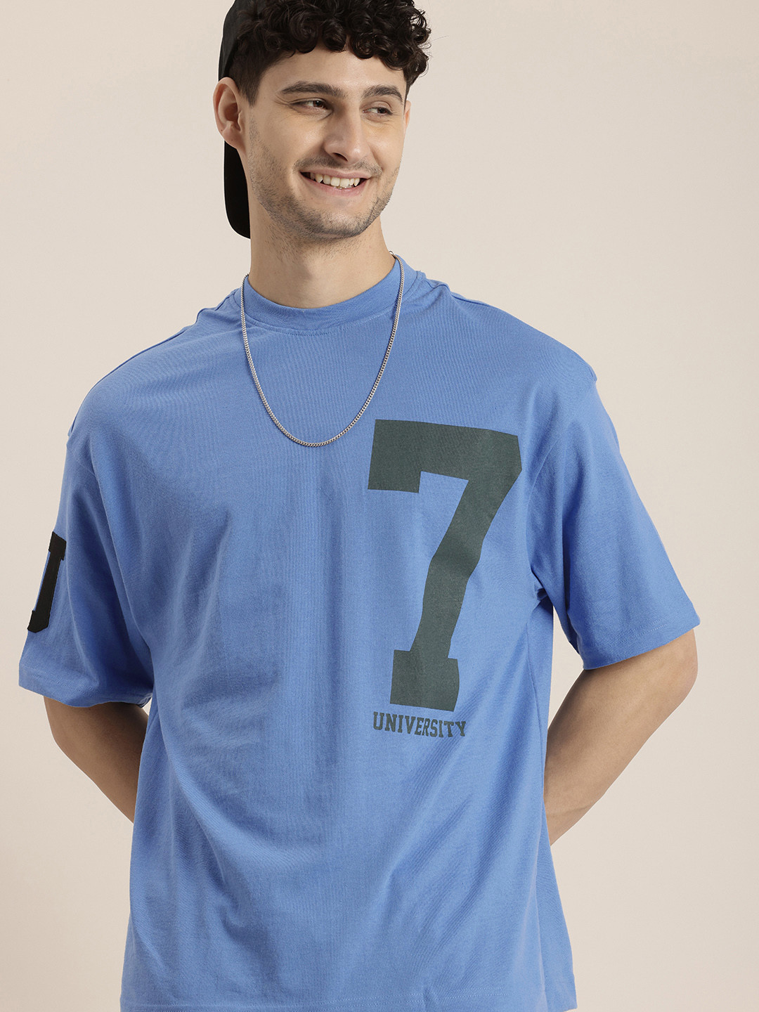 

HERE&NOW Varsity Printed Drop-Shoulder Sleeves Relaxed Fit T-shirt, Blue
