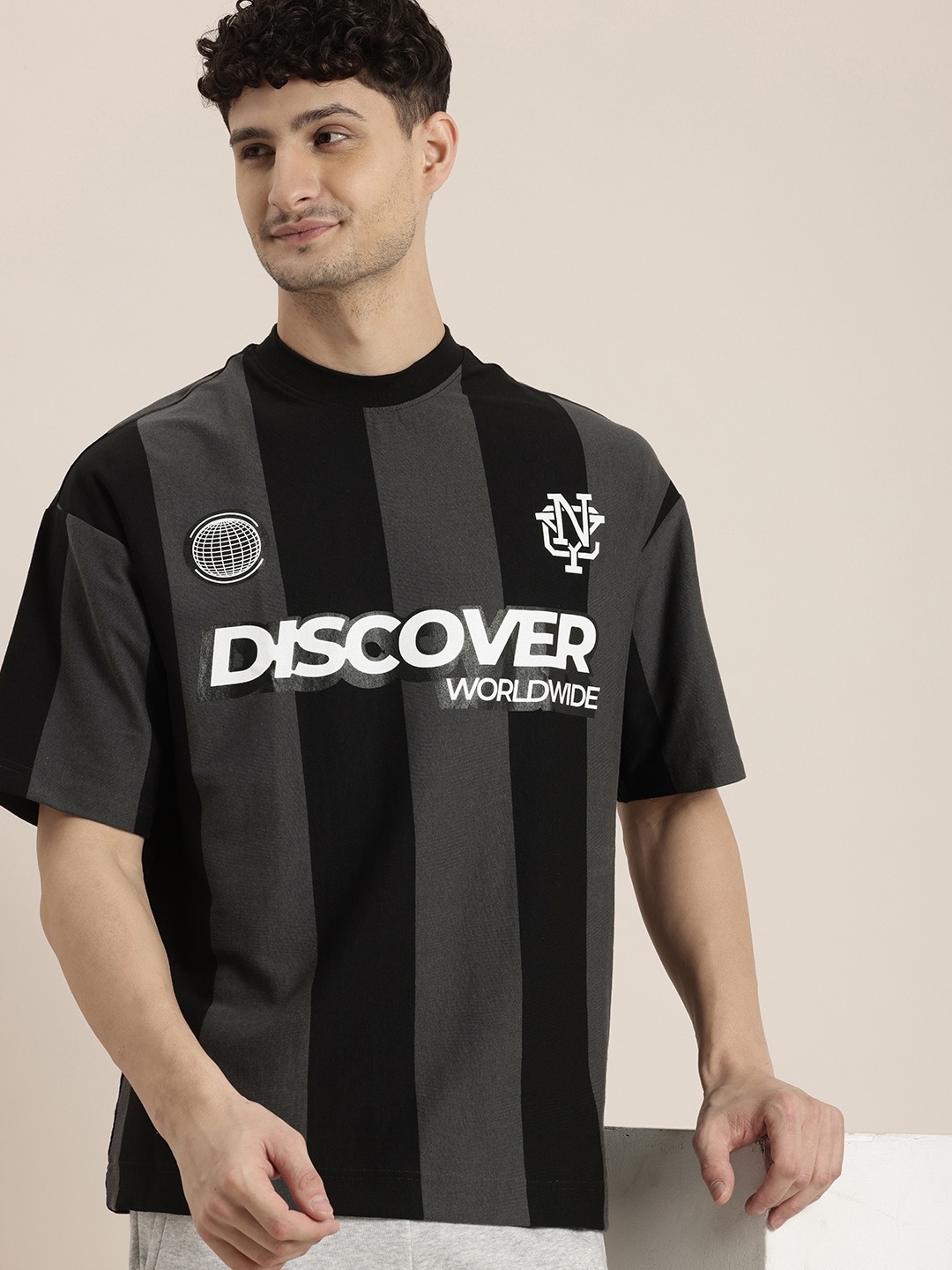 

HERE&NOW Striped Drop-Shoulder Sleeves Relaxed Fit T-shirt, Black