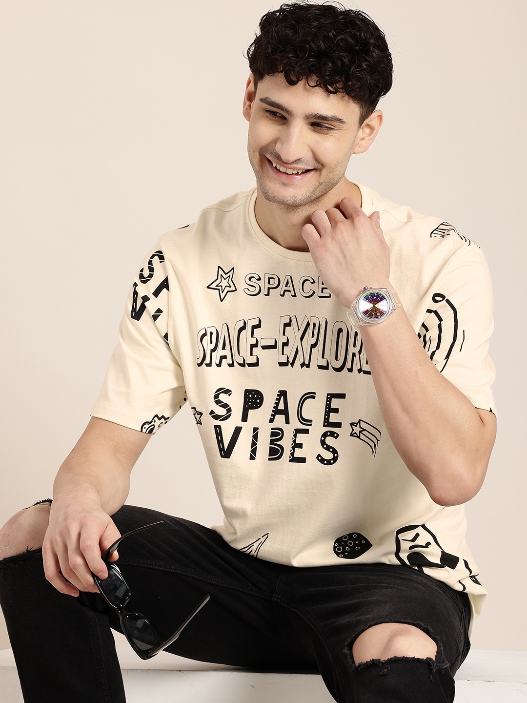 

HERE&NOW Printed Pure Cotton T-shirt, Cream