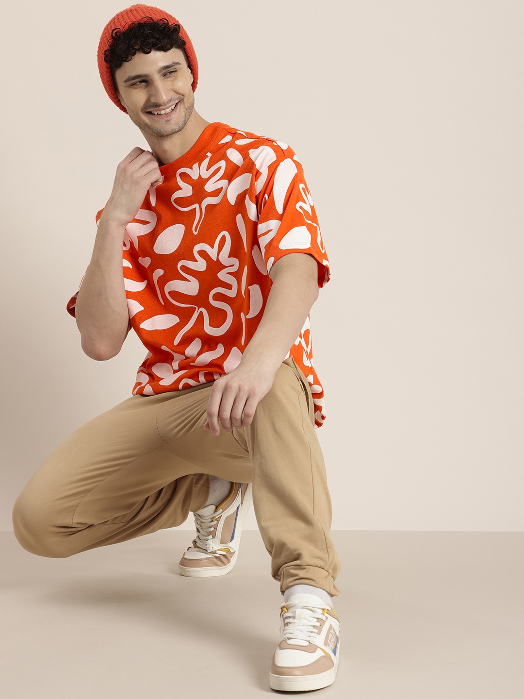 

HERE&NOW Printed Drop-Shoulder Sleeves T-shirt, Orange